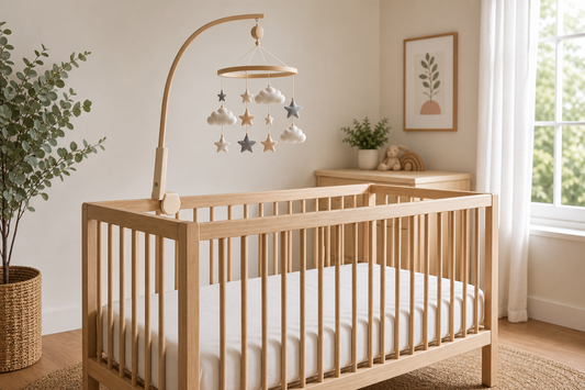 Soft modern Australian nursery with a secure cot mobile above a clear cot