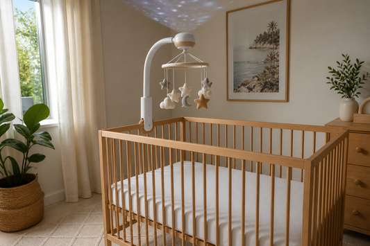 Modern Australian nursery with a secure projection cot mobile above a clear timber cot