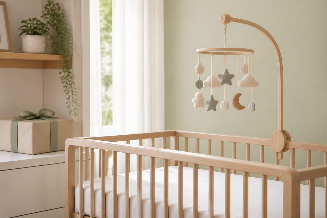 Baby boy nursery gift with a neutral cot mobile above a clear timber cot