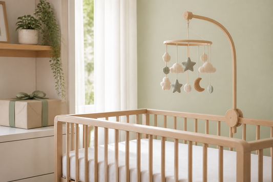 Baby boy nursery gift with a neutral cot mobile above a clear timber cot