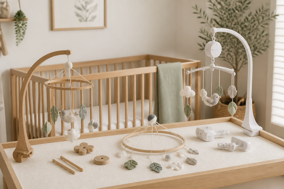 Cot mobile and hanger alternatives arranged in a calm Australian nursery