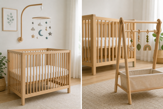 Side-by-side modern nursery comparison of a cot mobile and baby hanging toy setup