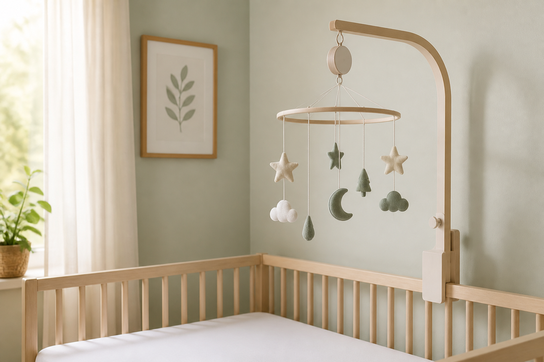 Modern Australian nursery with a safe baby cot mobile and hanger above a clear cot