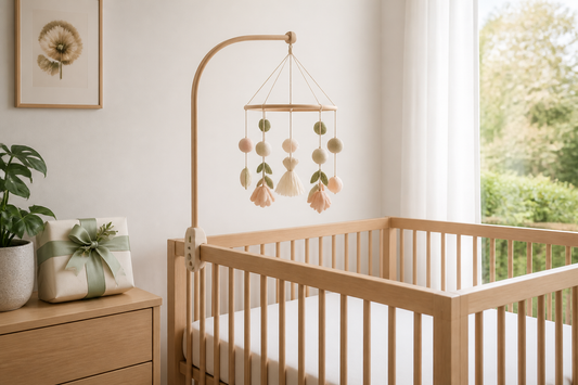 Baby girl nursery gift with a tasteful cot mobile above a clear timber cot