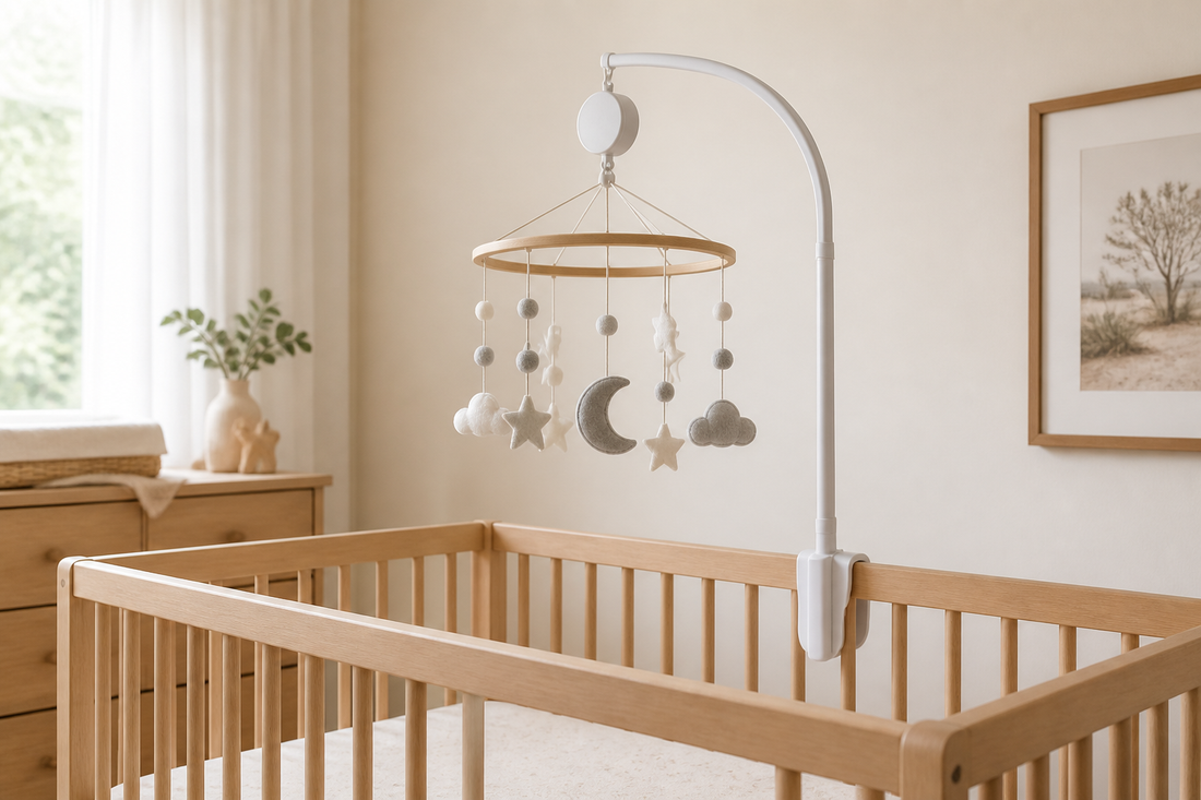 Modern Australian nursery with a baby mobile hanger attached securely above a clear cot