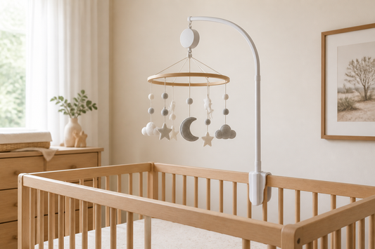 Modern Australian nursery with a baby mobile hanger attached securely above a clear cot