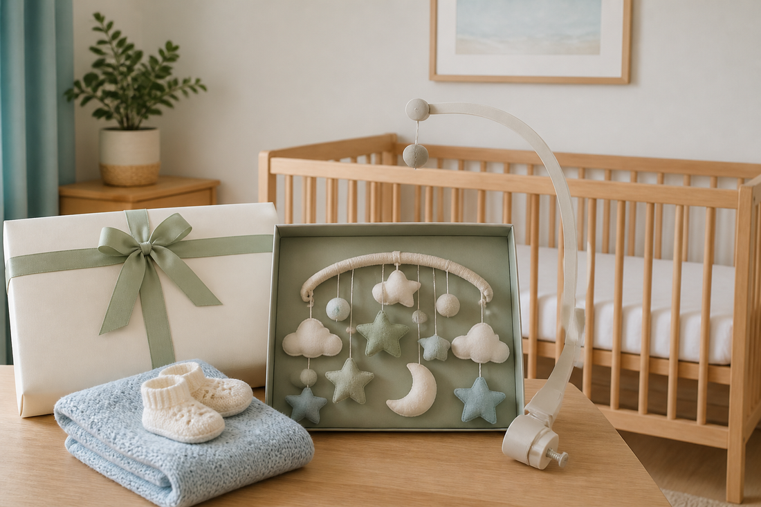 Baby shower gift box beside a nursery mobile in a calm Australian nursery