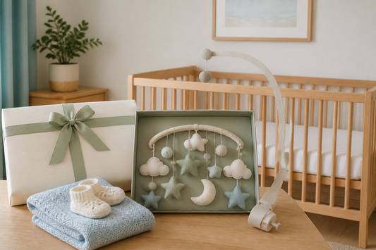 Baby shower gift box beside a nursery mobile in a calm Australian nursery