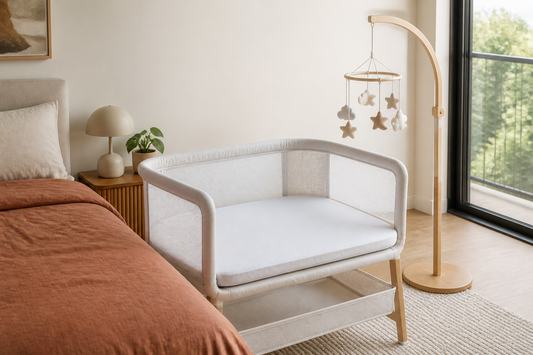 Modern Australian bedroom nursery with a bassinet mobile kept safely out of reach