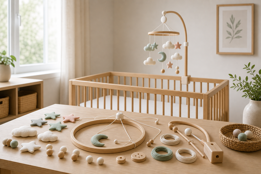 Soft nursery workbench scene with baby mobile parts arranged safely away from a cot