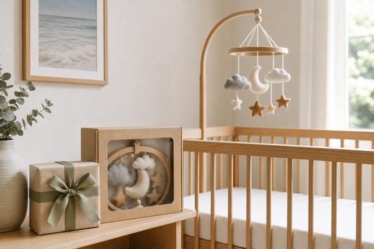 Modern Australian nursery with a wrapped cot mobile gift and clear cot