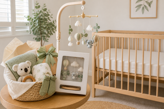 Curated baby shower gift basket with a nursery mobile beside a clear cot