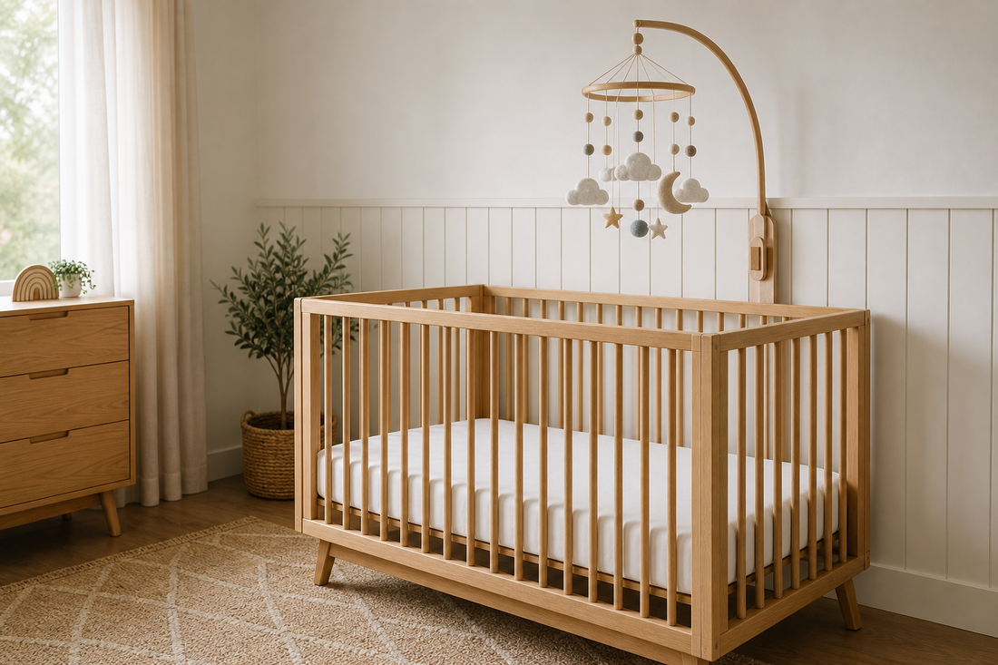 Soft modern Australian nursery with a secure cot mobile above a clear cot