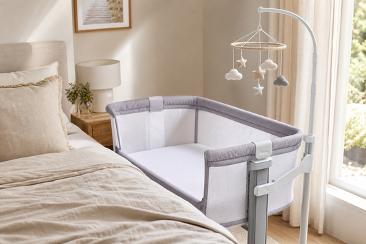 Modern Australian nursery with a secure mobile hanger near a clear co-sleeper bassinet