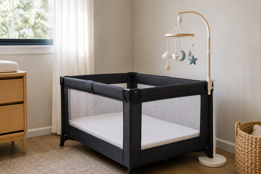 Modern Australian nursery with a secure mobile hanger beside a clear portable cot