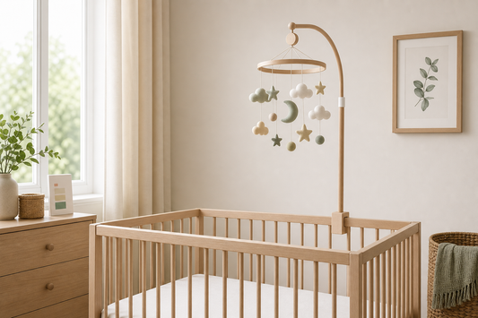 Stage-based nursery mobile setup with safe height and clear cot space