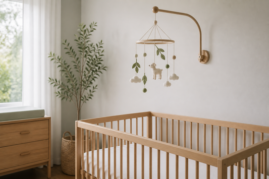Modern Australian nursery with a cot mobile mounted safely above a clear timber cot
