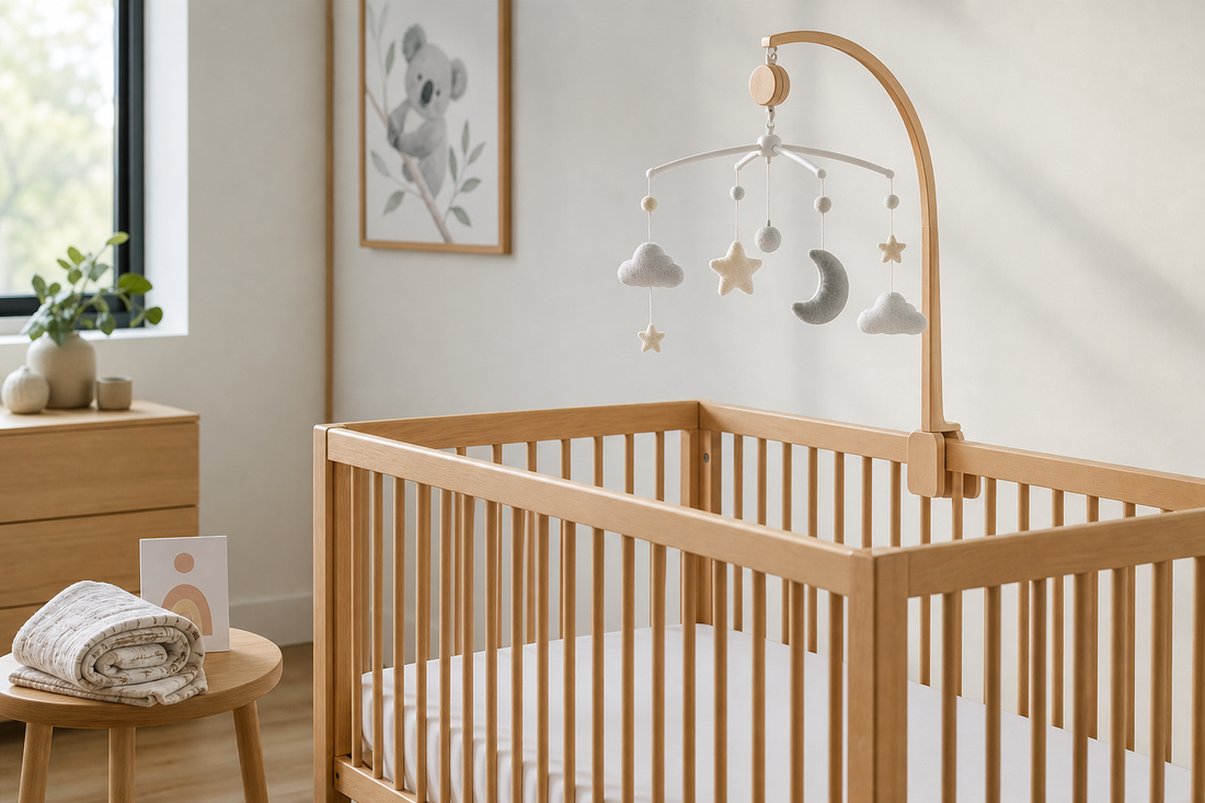 Soft modern Australian nursery with a secure cot mobile above a clear cot for newborn to sitting stage