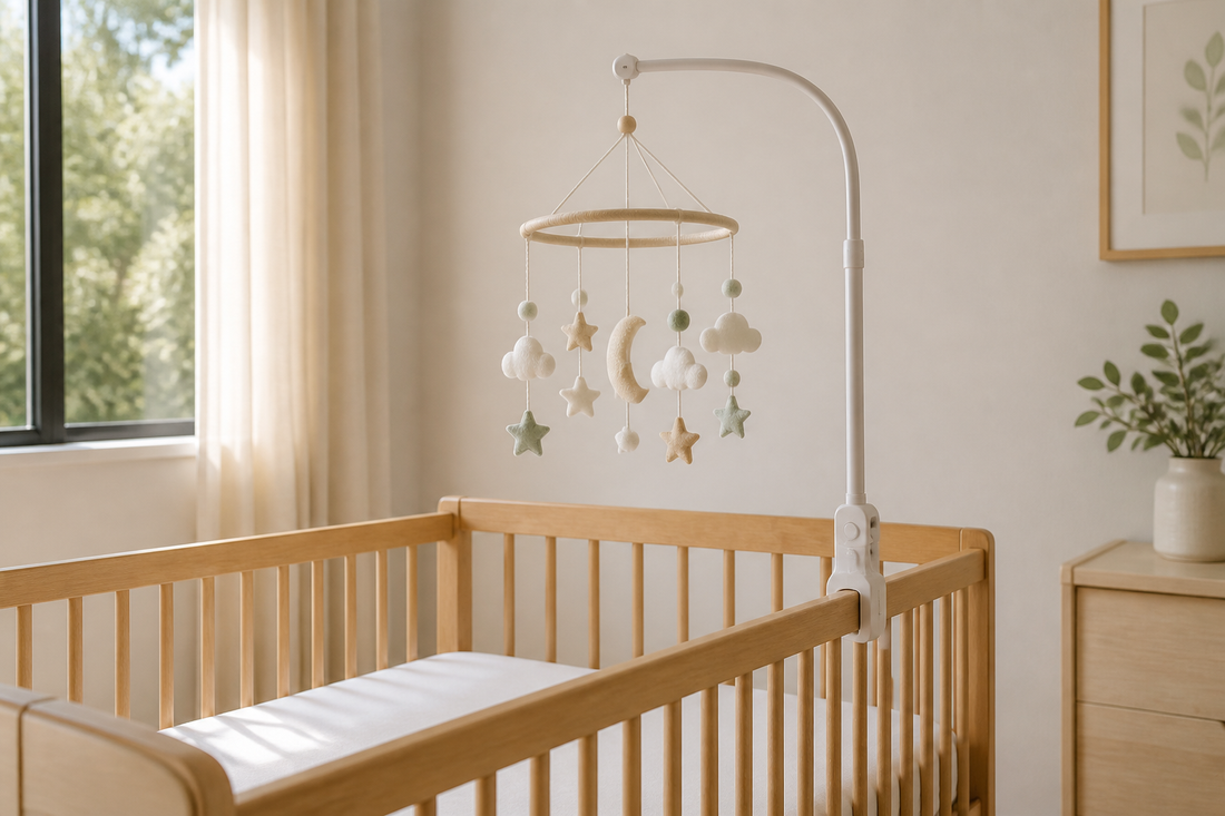 Modern Australian nursery with a cot mobile arm and hanger attached securely above a clear cot