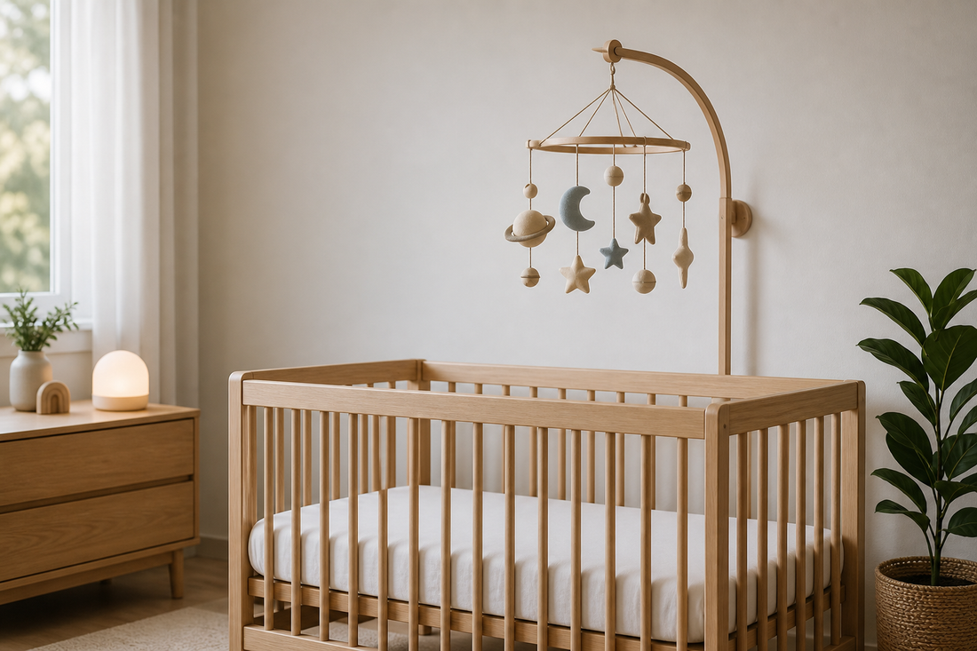 Modern Australian nursery comparing a cot mobile and night light