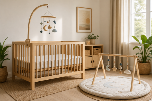 Modern Australian nursery comparing a cot mobile and play gym