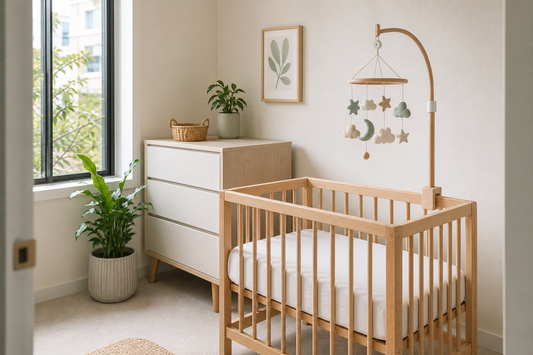 Compact Australian nursery with a cot mobile positioned safely above a clear cot
