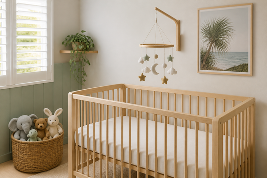 Clear cot sleep space with a mobile nearby and soft toys kept outside the cot