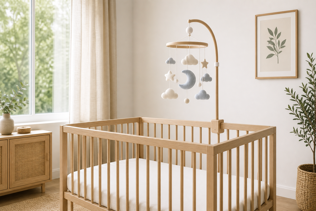 Serene Australian nursery with soft colours and a safely placed cot mobile