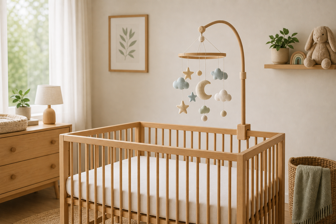 Warm Australian nursery scene showing a parent-style cot mobile setup with clear cot space