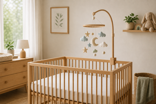 Warm Australian nursery scene showing a parent-style cot mobile setup with clear cot space