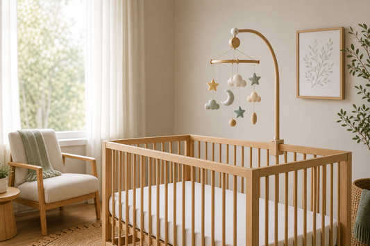 Calm nursery routine scene with a baby mobile safely above a clear cot