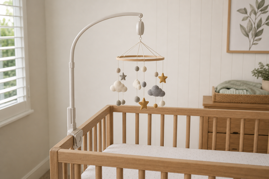 Modern Australian nursery with a secure baby mobile hanger above a clear cot