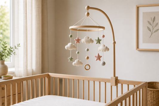 Soft handmade-style nursery mobile above a simple Australian cot setup