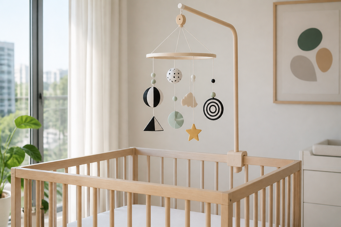 Modern Australian nursery comparing high-contrast and soft-colour cot mobile shapes above a clear cot