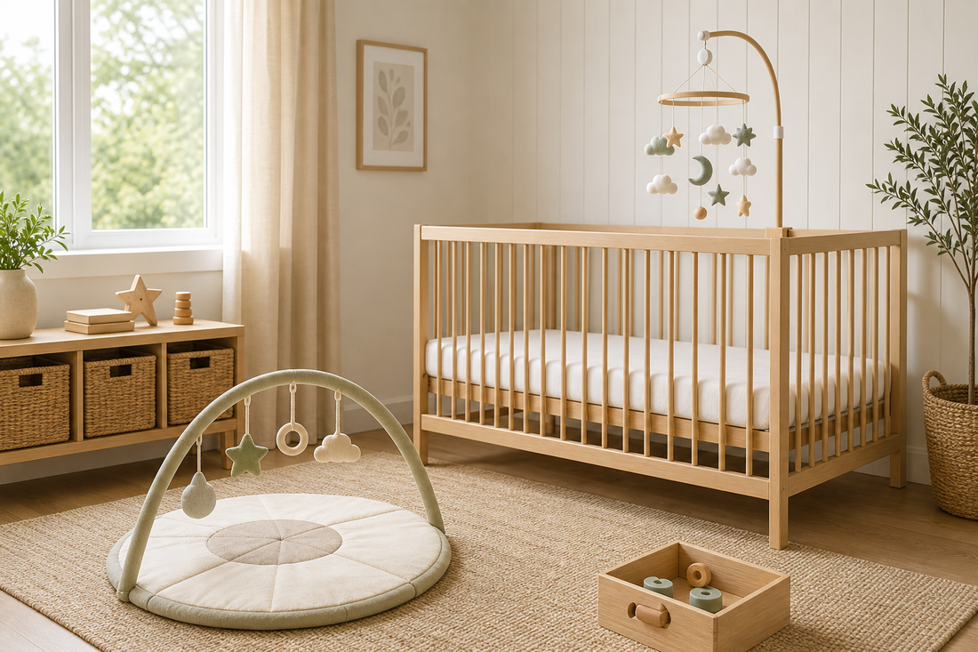 Baby-safe nursery scene with mobile nearby for supervised visual interest, not inside the cot