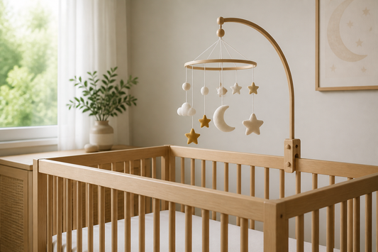 Modern Australian nursery with a gently moving cot mobile safely above a clear timber cot