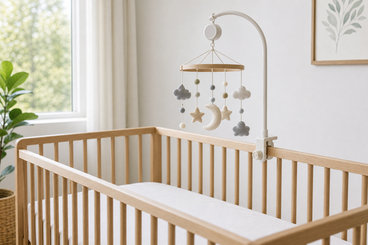 Soft modern Australian nursery with a secure cot mobile and tidy strings above a clear cot