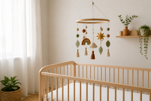 Boho nursery cot mobile above a clear timber cot