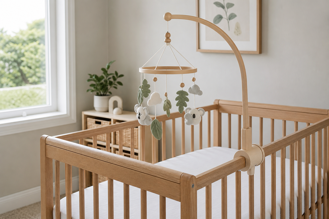Modern Australian nursery with a secure cot mobile hanger on a wooden cot rail