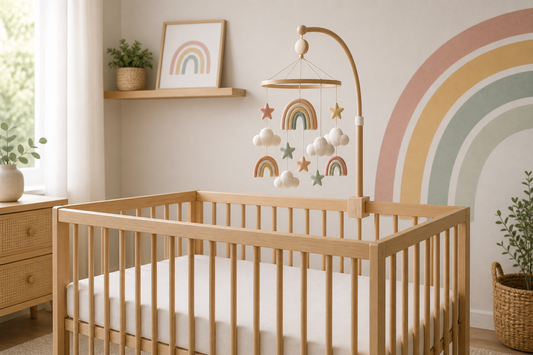 Australian nursery mood board with a themed baby mobile above a clear cot