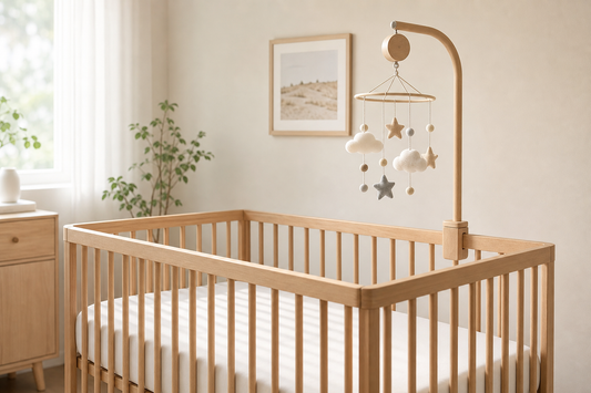 Soft modern Australian nursery with a secure cot mobile above a clear uncluttered cot