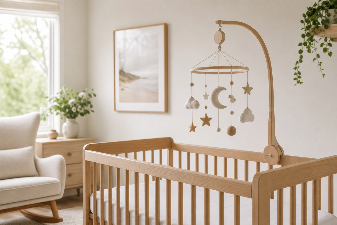 Soft modern Australian nursery with a secure cot mobile above a clear cot before baby arrives