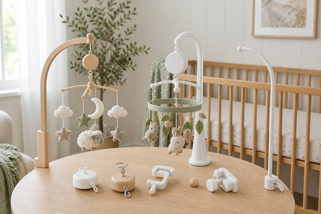 Cot mobile alternatives and hanger accessories arranged in a calm Australian nursery