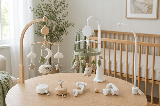 Cot mobile alternatives and hanger accessories arranged in a calm Australian nursery