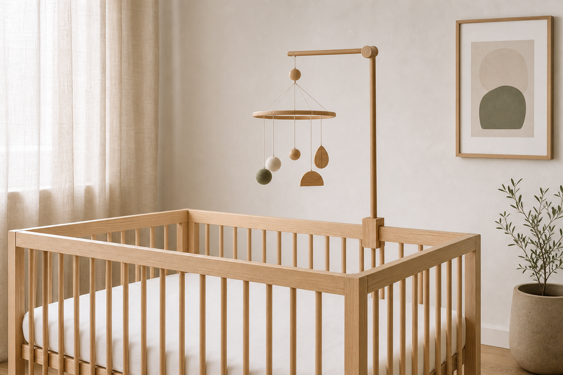 Minimalist nursery with a simple cot mobile and soft natural light