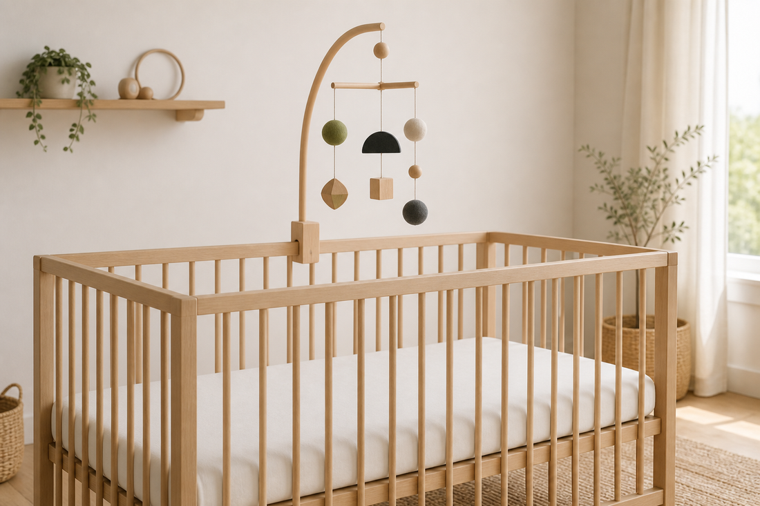 Minimal Montessori-inspired baby mobile in a calm Australian nursery