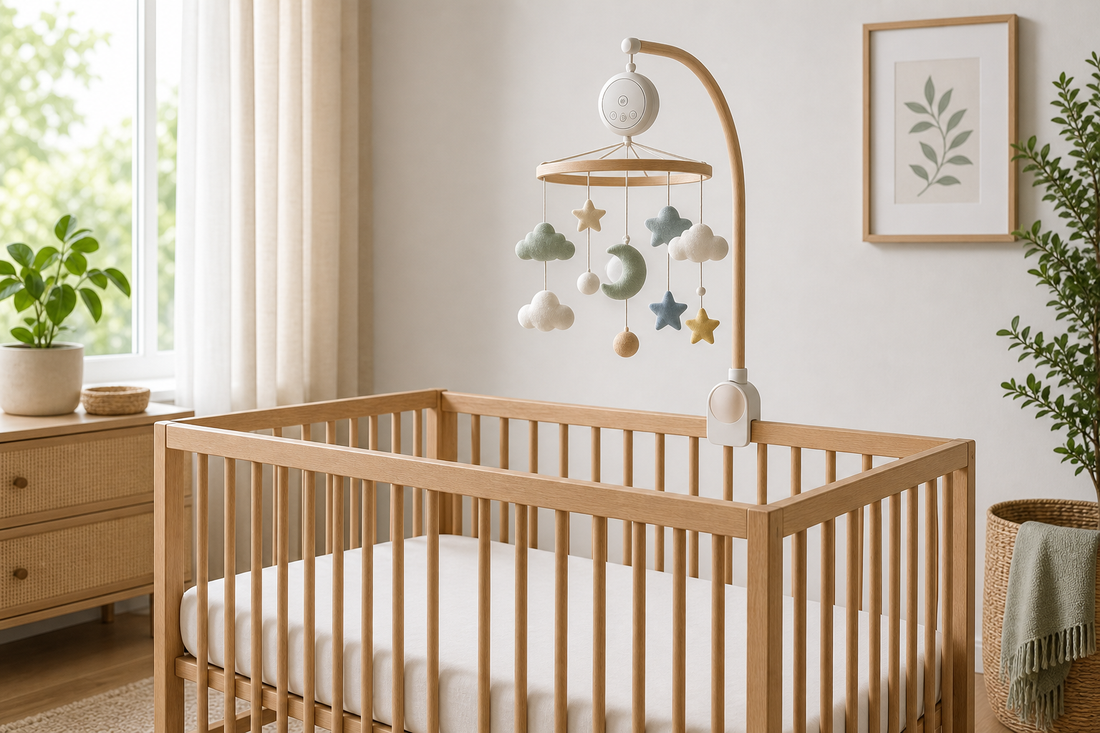 Musical baby mobile in a calm nursery with a clear cot and soft light