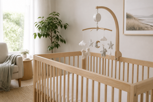 Soft Australian nursery with a secure musical cot mobile above a clear timber cot