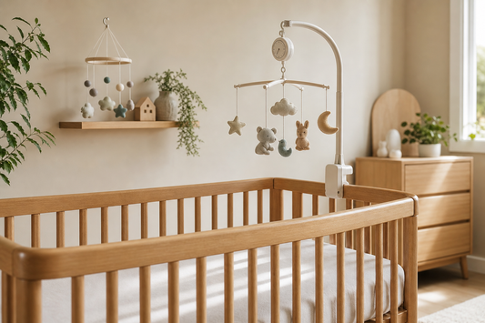 Modern Australian nursery comparing a musical cot mobile and silent cot mobile above a clear cot