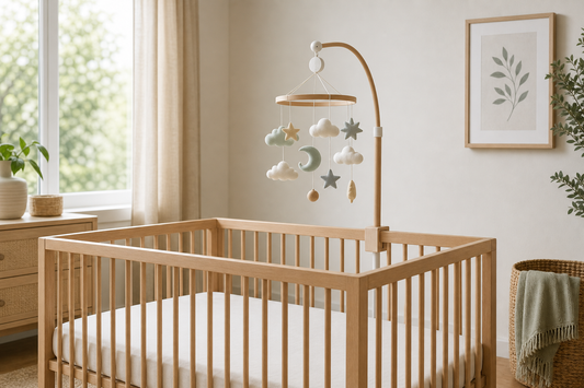 Soft Australian nursery with a musical cot mobile safely above a clear cot